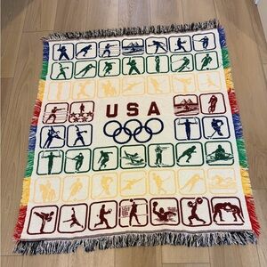 Vintage USA Olympics Knit Woven Multicolor Throw Blanket VERY RARE